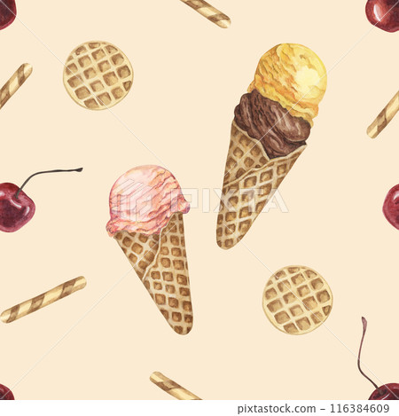Ice cream cones, waffles and cherries watercolor seamless pattern. Whimsical hand painted clipart for textiles, wallpaper, packaging. Sweet dessert theme fabric for summer decor and scrapbooking 116384609