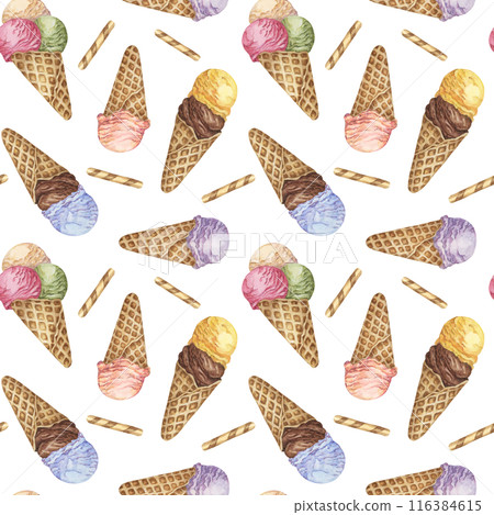 Ice cream cones and waffles watercolor seamless pattern. Whimsical pastel colored dessert clipart for textiles, wallpaper, packaging. Sweet candy theme fabric for summer decor and scrapbooking Ice cream cones and waffles watercolor seamless pattern. Whimsical pastel colored dessert clipart for textiles, wallpaper, packaging. Sweet candy theme fabric for summer decor and scrapbooking 116384615