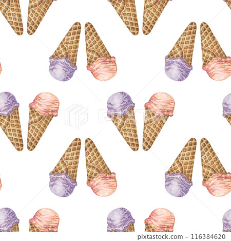 Ice cream scoops in the waffle cone seamless pattern. Lavender, ube, violet and sakura, rose or lychee flavors treat clipart. Dessert watercolor print for textile, wallpaper, napkin, cafe design 116384620