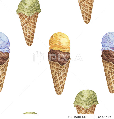 Colorful ice cream seamless pattern. Bubblegum, chocolate, banana, lemon, pistachio or matcha flavors in retro style. Watercolor clipart for printing, textile, apparel, wrapping paper, scrapbooking Colorful ice cream seamless pattern. Bubblegum, chocolate, banana, lemon, pistachio or matcha flavors in retro style. Watercolor clipart for printing, textile, apparel, wrapping paper, scrapbooking 116384646