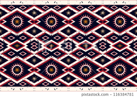 Tribal fabric pattern with red and white eyes 116384781