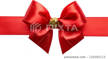 red ribbon and bow with gold isolated against transparent background 116385113