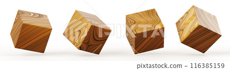 Wooden cube block in different angles 3d render icon set. Natural square boxes with wood texture, blank game dice or education cubic toy, design element isolated on white background. 3D illustration Wooden cube block in different angles 3d render icon set. Natural square boxes with wood texture, blank game dice or education cubic toy, design element isolated on white background. 3D illustration 116385159