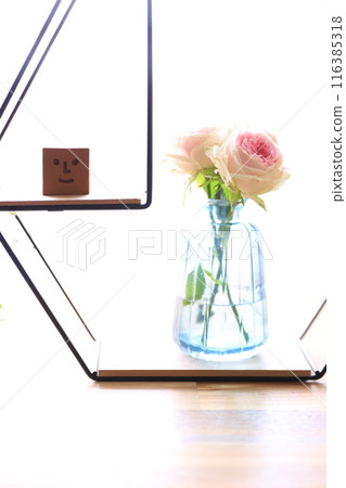 Vases and flowers on the window side Vases and flowers on the window side 116385318