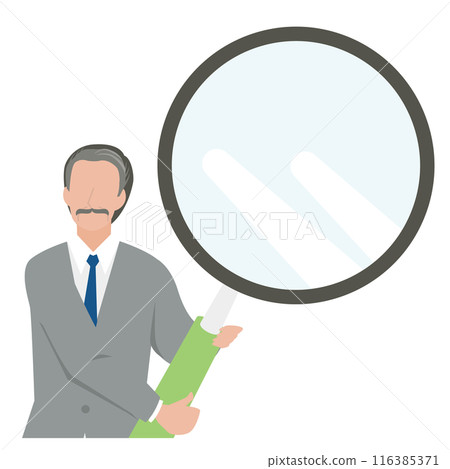Male manager looking through a large magnifying glass Male manager looking through a large magnifying glass 116385371