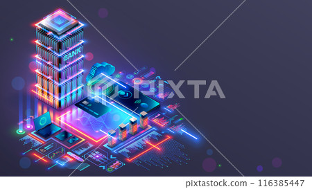 Online internet bank concept. Online internet bank digital infrastructure. Internet banking isometric concept. Phone, card, icons of services next to bank building. Internet mobile digital bank. 116385447