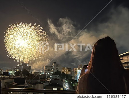 Back view of a woman watching fireworks Back view of a woman watching fireworks 116385457