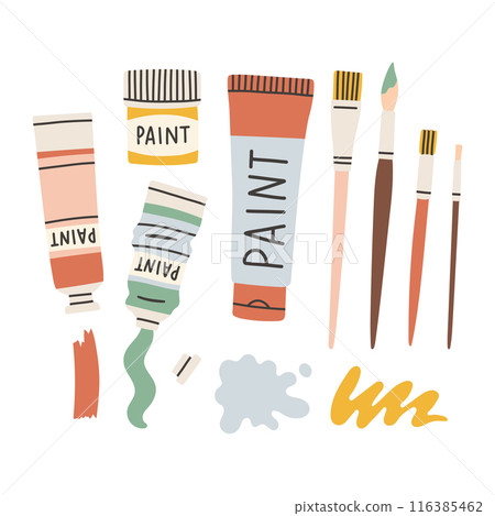 Painting tools elements vector set in cartoon style. Art supplies paint tubes, brushes, brush strokes. Painting tools elements vector set in cartoon style. Art supplies paint tubes, brushes, brush strokes. 116385462
