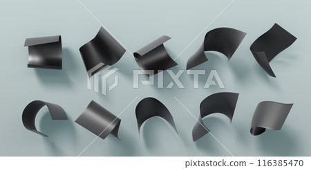 3d black paper sheet flying in air isolated render icon set. Falling blank sketch page, brochure or flyer on grey background. Empty curl note and leaflet scatter away on wind mockup. 3D illustration 3d black paper sheet flying in air isolated render icon set. Falling blank sketch page, brochure or flyer on grey background. Empty curl note and leaflet scatter away on wind mockup. 3D illustration 116385470