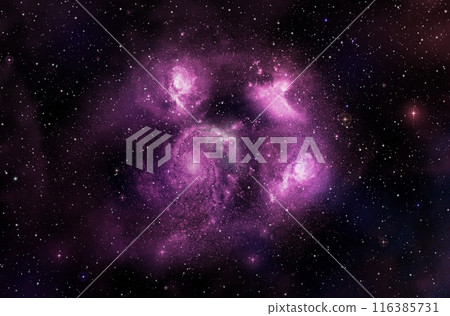 A group of pink galaxies surrounded by twinkling stars. 116385731