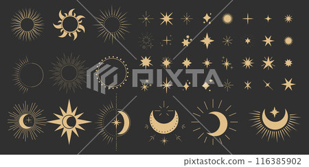 Set gold moon, sun and stars shine sparkle icon glare,light,blink star minimal shape, burst and rays golden decoration. Twinkle magic comic shine isolated on dark background. 116385902
