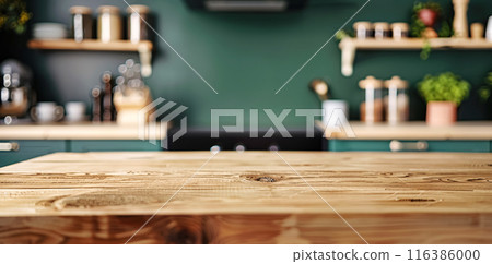 Wooden light empty countertop on the background of a modern green kitchen, kitchen panel with accessories in the interior. Scene showcase template for promotional items, banner, copy space Wooden light empty countertop on the background of a modern green kitchen, kitchen panel with accessories in the interior. Scene showcase template for promotional items, banner, copy space 116386000
