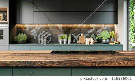 Wooden light empty countertop on the background of a modern green kitchen, kitchen panel with accessories in the interior. Scene showcase template for promotional items, banner, copy space Wooden light empty countertop on the background of a modern green kitchen, kitchen panel with accessories in the interior. Scene showcase template for promotional items, banner, copy space 116386001