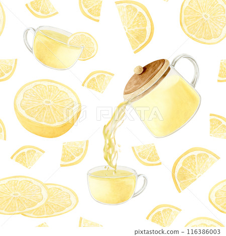 Yellow lemon tea pours from teapot into a glass cup with citrus slices watercolor seamless pattern on white. Organic drink for brewery and cafe designs in pastel colors Yellow lemon tea pours from teapot into a glass cup with citrus slices watercolor seamless pattern on white. Organic drink for brewery and cafe designs in pastel colors 116386003