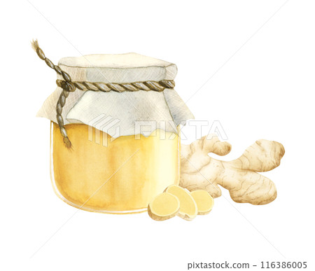 Delicious honey jar with lemon and ginger slices watercolor illustration clip art. Natural organic products Delicious honey jar with lemon and ginger slices watercolor illustration clip art. Natural organic products 116386005
