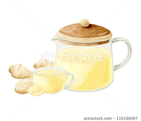 Ginger yellow tea in glass teapot with cup watercolor illustration isolated on white background. Hand drawn organic hot beverage for traditional medicine recipes and flu season 116386007