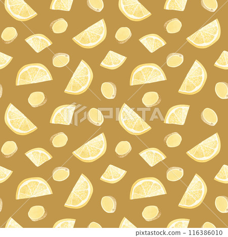 Lemon slices with cut ginger watercolor seamless pattern on mustard yellow background. Healthy mix of citrus fruits and vegetables for herbal tea and lemonade Lemon slices with cut ginger watercolor seamless pattern on mustard yellow background. Healthy mix of citrus fruits and vegetables for herbal tea and lemonade 116386010