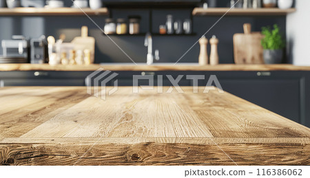 Wooden light empty countertop on the background of a modern dark gray kitchen, kitchen panel with accessories in the interior. Scene showcase template for promotional items, banner, copy space 116386062