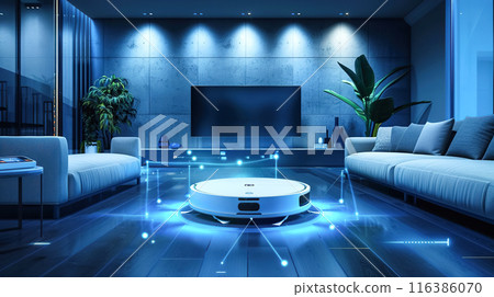 A high-tech robot vacuum cleaner projects a holographic interface into a modern living room, symbolizing innovation in smart home. Smart home system in everyday use, cleaning and cleanliness 116386070