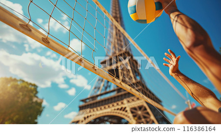 Beach volleyball competition against the background of the Eiffel Tower, Summer Olympics in Paris 2024 116386164