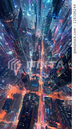 An aerial view of a busy city at night, bathed in a neon glow, with bustling streets forming a busy grid of city life. Night cityscape 116386244