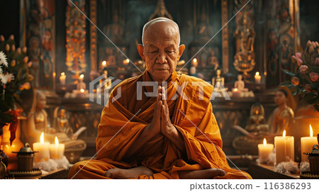 Buddhist Monk in deep meditation, surrounded by burning candles, in etting of a traditional Buddhist temple. Religion, traditional eastern meditation, prayer, spiritual practice Buddhist Monk in deep meditation, surrounded by burning candles, in etting of a traditional Buddhist temple. Religion, traditional eastern meditation, prayer, spiritual practice 116386293