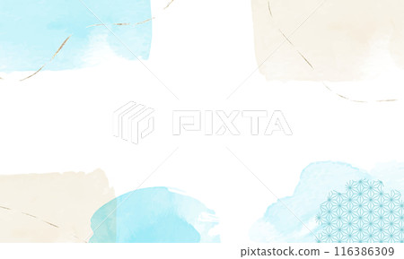 Blue and beige watercolor background with gold lines and hemp leaf pattern 116386309