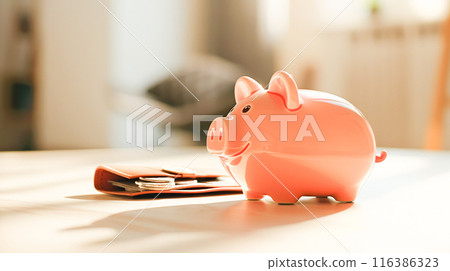 Minimalist personal finance image: empty leather wallet and ceramic piggy bank, light background, symbolizing a savings strategy Minimalist personal finance image: empty leather wallet and ceramic piggy bank, light background, symbolizing a savings strategy 116386323