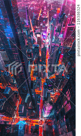 An aerial view of a busy city at night, bathed in a neon glow, with bustling streets forming a busy grid of city life. Night cityscape 116386324