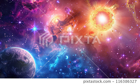 A fantastic phenomenon above the clouds, a surreal cosmic landscape with bright celestial bodies, swirling nebulae and a vibrant sunrise breaking through the clouds A fantastic phenomenon above the clouds, a surreal cosmic landscape with bright celestial bodies, swirling nebulae and a vibrant sunrise breaking through the clouds 116386327