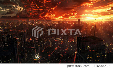 Modern urban landscape of a night city against the backdrop of bright sunset. The concept of modern metropolis and urban dynamic lifestyle Modern urban landscape of a night city against the backdrop of bright sunset. The concept of modern metropolis and urban dynamic lifestyle 116386328