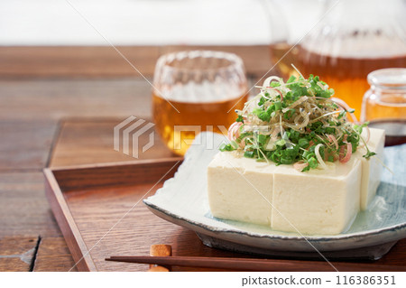 Cold tofu topped with small fish Cold tofu topped with small fish 116386351