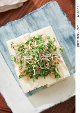 Cold tofu topped with small fish Cold tofu topped with small fish 116386358