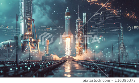 Rocket rises above futuristic cityscape, glowing with neon lights and digital interfaces symbolizing advanced space travel technologies Rocket rises above futuristic cityscape, glowing with neon lights and digital interfaces symbolizing advanced space travel technologies 116386372