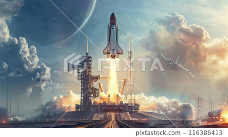 A powerful rocket takes off from the launch pad, trailing fire and smoke against backdrop of scattered clouds and a surreal arrangement of planets 116386413