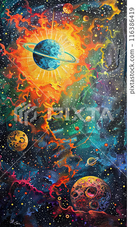 A fantastic phenomenon above the clouds, a surreal cosmic landscape with bright celestial bodies, swirling nebulae and a vibrant sunrise breaking through the clouds A fantastic phenomenon above the clouds, a surreal cosmic landscape with bright celestial bodies, swirling nebulae and a vibrant sunrise breaking through the clouds 116386419