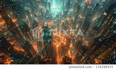 An aerial view of a busy city at night, bathed in a neon glow, with bustling streets forming a busy grid of city life 116386435