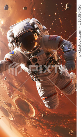 Astronaut, Space Explorer hovers above the surface of the red Planet Mars. Concept for galaxy exploration, international cosmonautics day 116386456