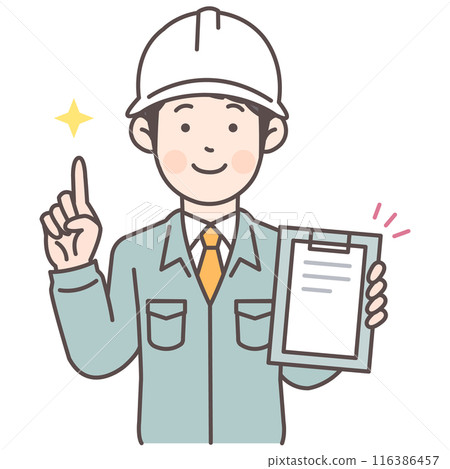 A male construction worker explaining things while showing materials 116386457