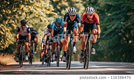 Athletes cyclists in motion, racing along highway, along a forest. Cyclist race competition, Olympics in Paris 2024 116386470