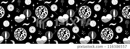 Seamless neo folk patterns with moon, cloud, sun and stars, black and white celestial design. Set Neo folk style endless backgrounds perfect for textile design. 116386557