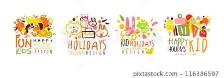 Happy Kids Party Logo Original Bright Design Vector Set 116386597