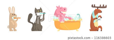 Funny Animal Bathing and Washing in Bathroom Vector Set 116386603