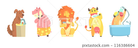 Funny Animal Bathing and Washing in Bathroom Vector Set 116386604