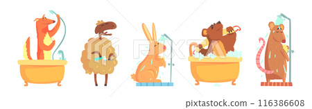 Funny Animal Bathing and Washing in Bathroom Vector Set 116386608