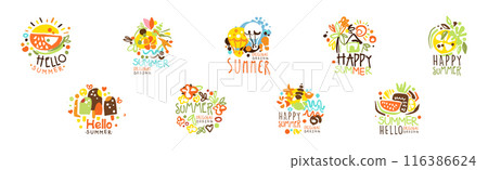 Happy Summer Label and Original Design Bright Logo Vector Set 116386624