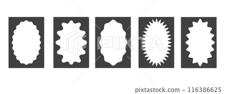 Set of rectangular black frames with wavy oval inner borders. Retro frames with zigzag blurred edges. Decorative design elements, for cards, photos, invitations. Vector illustration. 116386625