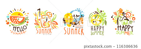 Happy Summer Label and Original Design Bright Logo Vector Set 116386636
