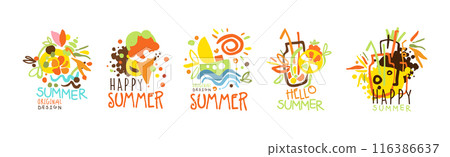 Happy Summer Label and Original Design Bright Logo Vector Set 116386637