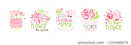 Flower Shop Logo and Label Bright Design Vector Set 116386679